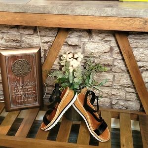 Brand-new Women black leather strap, cork and tweed wedge sandals.